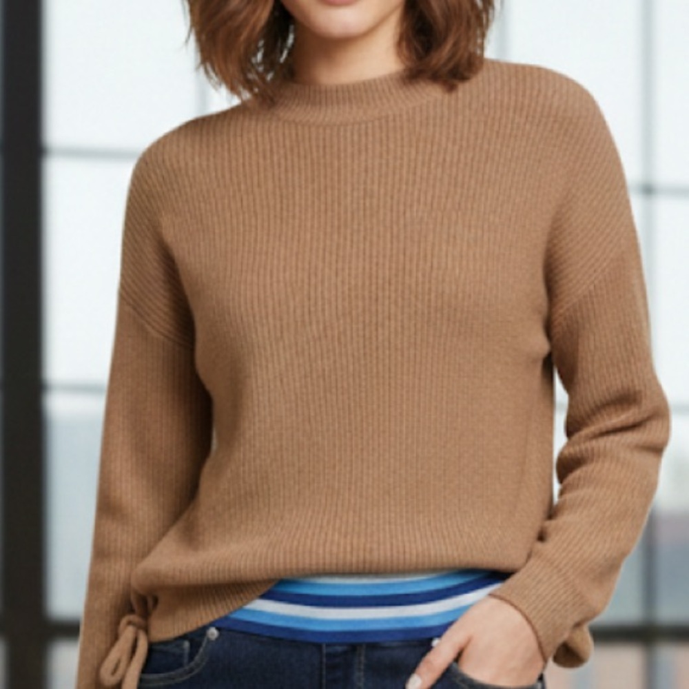 Max Studio Women's Mock Neck Ribbed Sweater Side Lace-up Tie Mauve Tan Size S